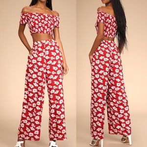 NWT Lulu’s Jumpsuit Red Floral Smocked Two-Piece Jumpsuit Size Medium